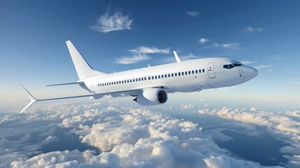 Obraz premium White passenger airplane flying in the blue sky above clouds.