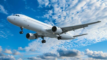 Fototapeta premium White passenger airplane flying in the blue sky above clouds.