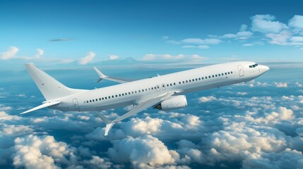 Obraz premium White passenger airplane flying in the blue sky above clouds.