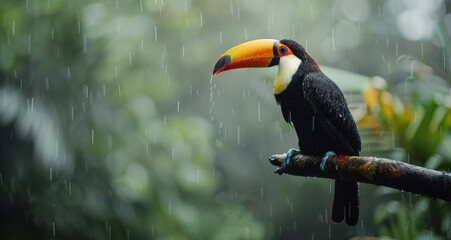 Obraz premium Toucan in the Rainforest During a Downpour
