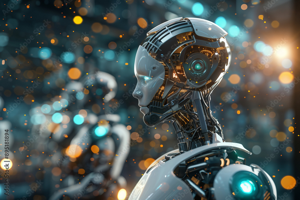Poster futuristic robot portrait with advanced technology and illuminated details
