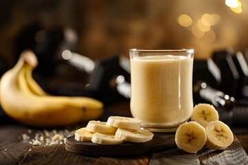 Nutritious banana protein shake in a clear glass, surrounded by whole and sliced bananas and gym weights in a warmly lit ambiance