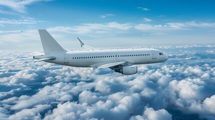 Obraz premium White passenger airplane flying in the blue sky above clouds.