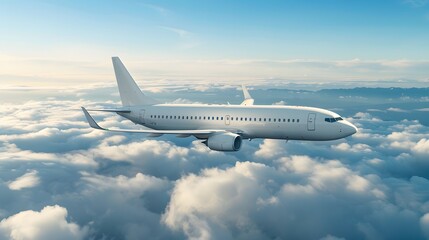 Obraz premium White passenger airplane flying in the blue sky above clouds.