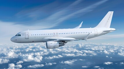 Fototapeta premium White passenger airplane flying in the blue sky above clouds.