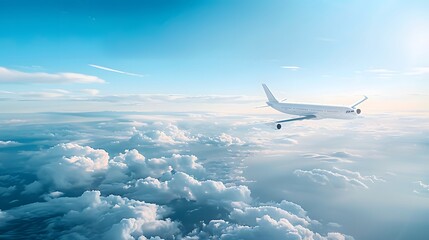 White passenger airplane flying in the blue sky above clouds.