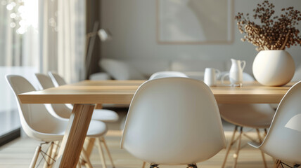 Obraz premium Chic modern dining room with minimalist furniture and natural light.