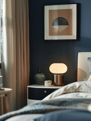Modern bedroom interior with elegant lamp and decor on bedside table.