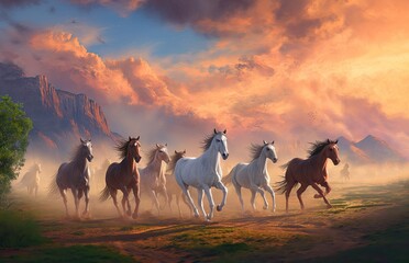 Fototapeta premium horses on sunset
