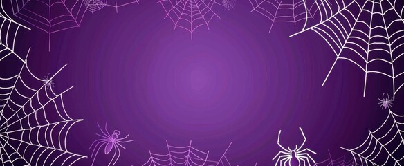 a purple background with white spider webs hanging from the top and bottom, vector illustration style, flat design, simple shapes, halloween decoration Generative AI