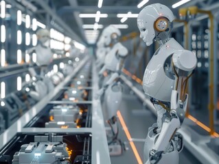 Industrial robots in an automated factory setting assembling components.