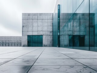 Fototapeta premium The sleek geometric facade of a modernist building with glass walls.