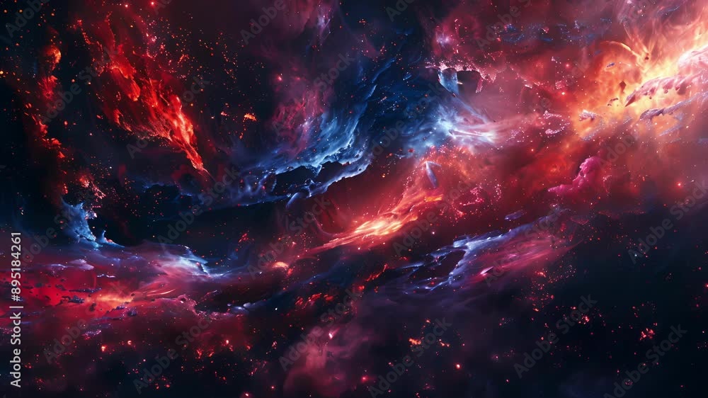Poster An otherworldly space landscape featuring floating structures intergalactic formations and a cosmic color palette of fiery reds and deep blues.