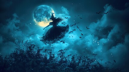 Fototapeta premium Silhouette of a flying witch, combined with a scene of bats and the full moon, set against a twilight blue background.