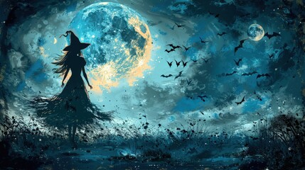 Silhouette of a flying witch, combined with a scene of bats and the full moon, set against a twilight blue background.