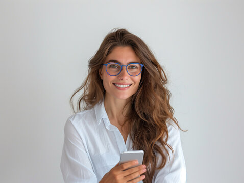 Femme de 30 ou 40 ans, en chemise blanche, regarde en souriant son smartphone, fond blanc, personnage pour publicit&eacute;, site web, d&eacute;mo d'application ou de logiciel, tech et IT B2B