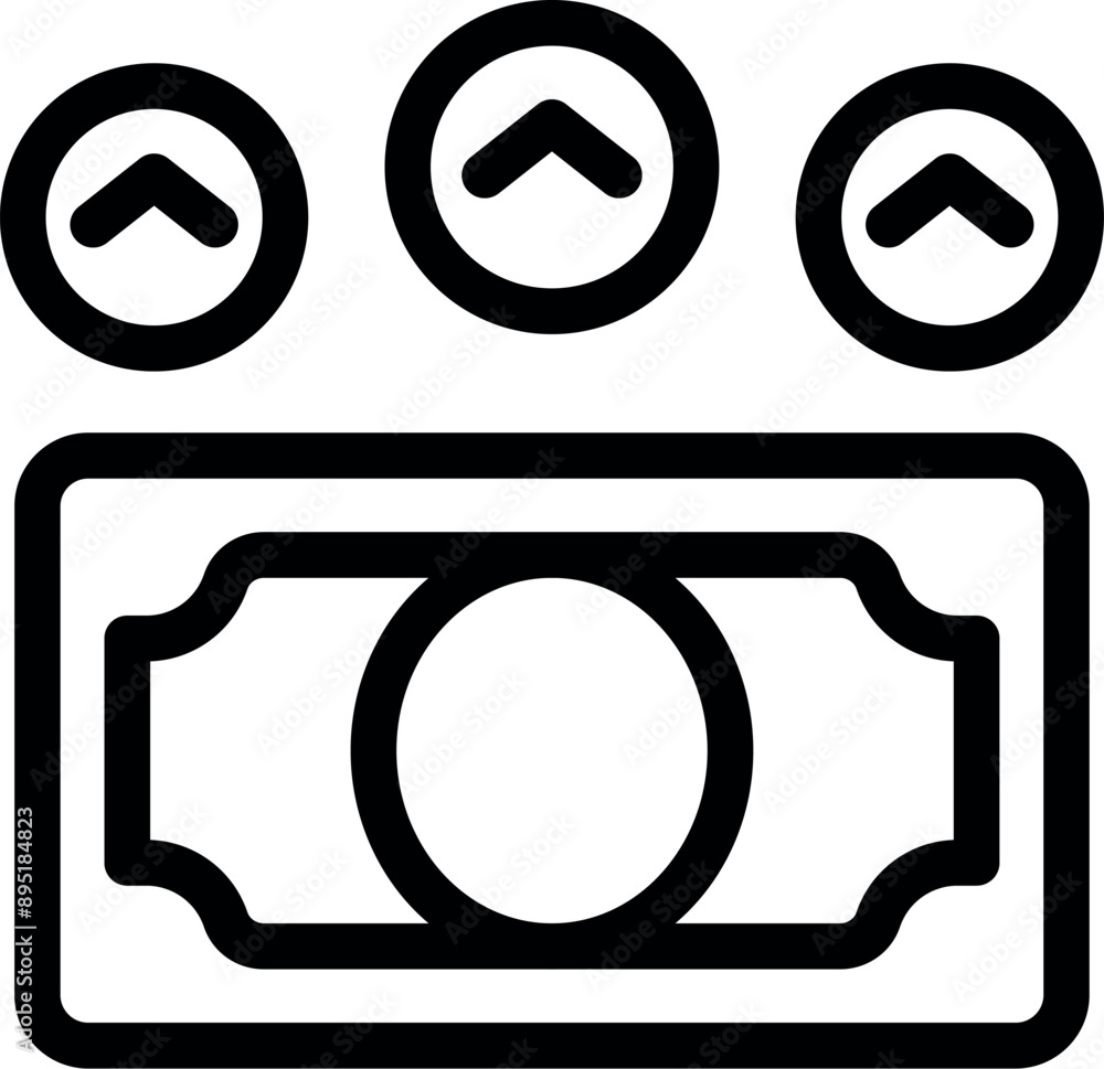 Poster line art icon of a banknote with three up arrows over it, representing increasing value