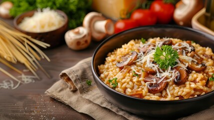 Delicious creamy risotto with mushrooms topped with cheese, perfect for cooking enthusiasts and food lovers.