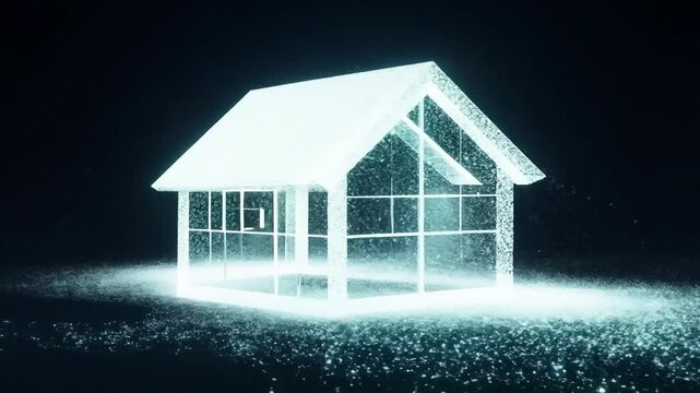 White Glowing 3D Animation House Model Made of Light Particles on Black Background - digital, abstract, home, bright, particle
