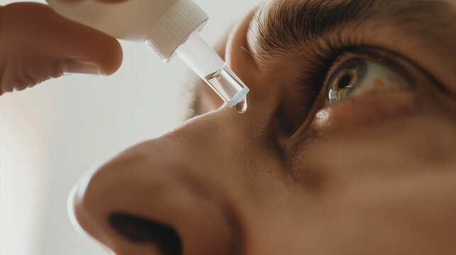 man dripping eye drops into the eye, instillation of medicines into the conjunctival sac, ophthalmological treatment banner with copy space