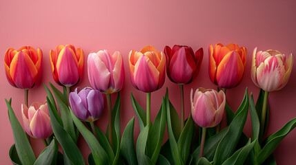 Fototapeta premium Colorful tulips blooming in vibrant array against pink background, showcasing beauty of spring flowers. Concept of nature, floristry, and seasonal blooms.