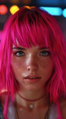 Fototapeta premium Woman with pink hair and red lipstick. With freckles he looks straight into the camera.