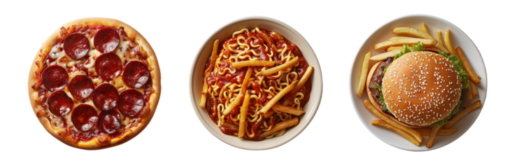 Pepperoni Pizza, Cheeseburger with Fries, and Ramen in  Light Studio Style