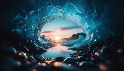 Obraz premium Inside view of a crystal blue ice cave in Iceland with a sunset visible through the opening