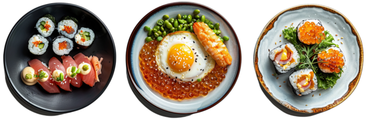 Gourmet  Top View of Eggs Benedict, Clam Chowder, and Sushi Rolls in  Style cut out dicut PNG on transparent