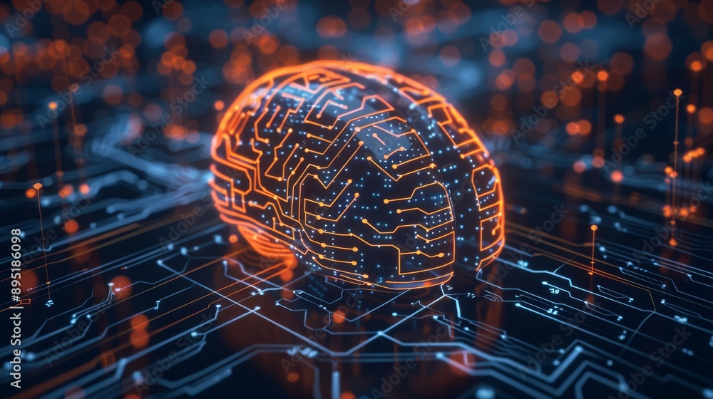Poster conceptual image of ai brain on a circuit board, representing neural networks and technological adva