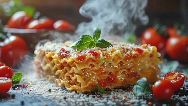 Traditional lasagna made with minced beef Bolognese sauce and bechamel sauce topped with basil leaves, steam, tasty. space for text. Italian Cuisine concept.
