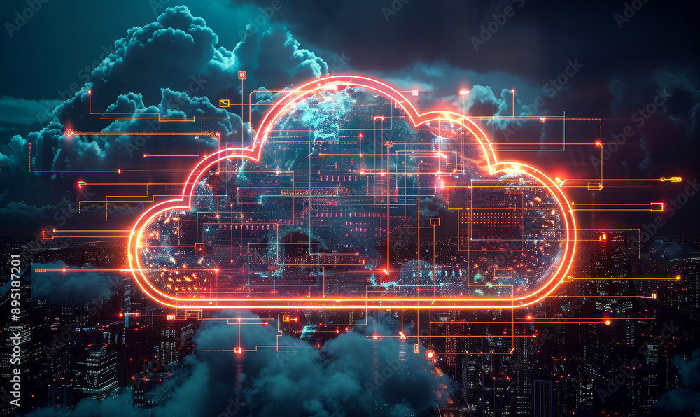 Poster digital cloud computing network across cities at night with virtualization approach for seamless dat