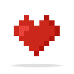 Obraz premium Pixel art heart. heart shape symbol isolated on white background. Heart flying with shadow.Red Heart icon, romance love simple symbol.Postcard, Love Message or Greeting Card. Vector illustration EPS10