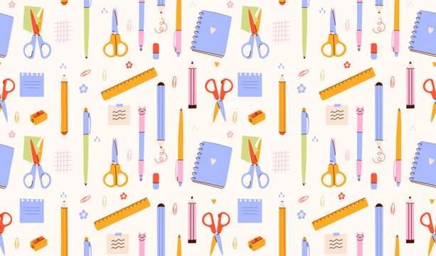 Stationery seamless pattern.School tools, supplies backdrop.Bright Office Supplies fabric.Various pencils,pens,scissors ect in a modern trendy style.Children's subjects.Vector illustration EPS10.