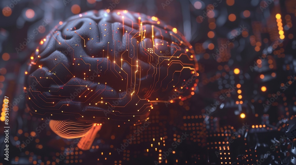 Poster an imaginative portrayal of a human brain merged with sophisticated neural networks and digital circ