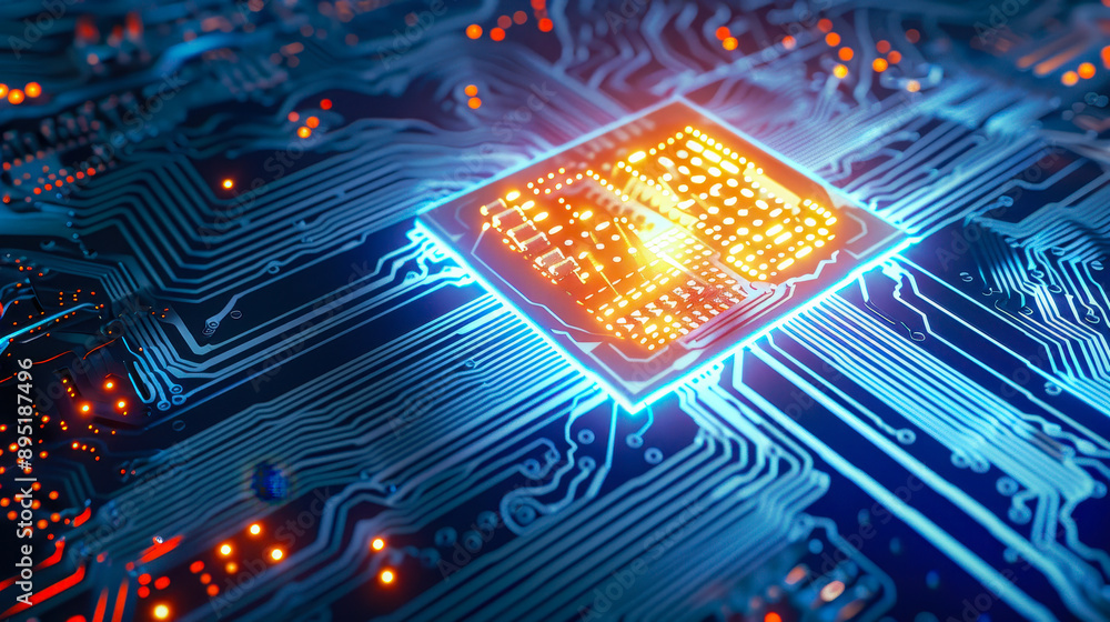 Poster glowing computer chip on blue circuit board with neon lights symbolizing advanced technology and fut