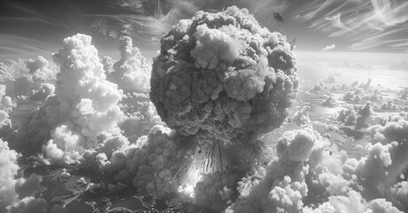 Apocalyptic Atomic Bomb Explosion Impact and Destruction, Devastating Power of Nuclear Blast on Humanity, Dramatic Clouds and Energy Release, Daytime, High Contrast Black and White