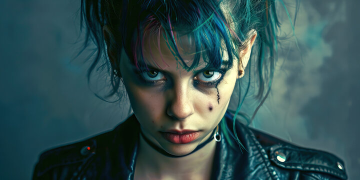 Defiant Expression: A punk girl stares boldly into the camera, her face a canvas of rebellion.