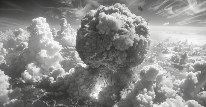 Apocalyptic Atomic Bomb Explosion Impact and Destruction, Devastating Power of Nuclear Blast on Humanity, Dramatic Clouds and Energy Release, Daytime, High Contrast Black and White