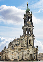 Obraz premium Facade of Dresden Cathedral, or the Cathedral of the Holy Trinity, Catholic Church of the Royal Court of Saxony, called in German Katholische Hofkirche, is the Catholic Cathedral of Dresden