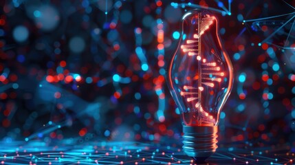 Futuristic light bulb with DNA pattern on fuzzy background with modern technology