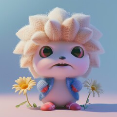 Obraz premium Adorable Fluffy Cartoon Hedgehog with Daisy Flowers in Soft Pastel Background