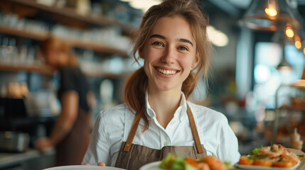 smiling waitress at cafe , smiling female waitress serving at  restaurant