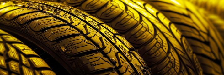 Detailed close-up of new tires showing tread patterns illuminated by yellow light, emphasizing durability.