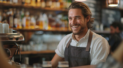 Fototapeta premium smiling waiter at cafe , smiling young man barista serving coffee to consumer