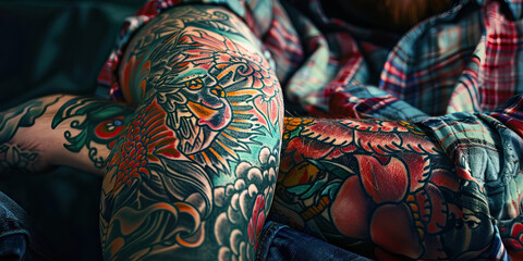 Naklejka premium Rebellion in the blood close up of a punks tattooed arm.