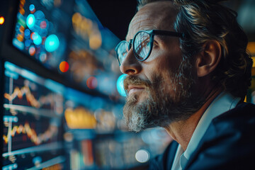 An intense, close-up shot of a man wearing glasses, concentrating as he monitors data on multiple screens ,generative ai