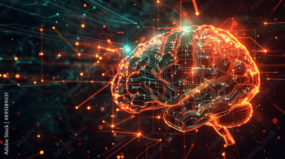 Poster futuristic brain with glowing digital connections representing artificial intelligence and neural ne