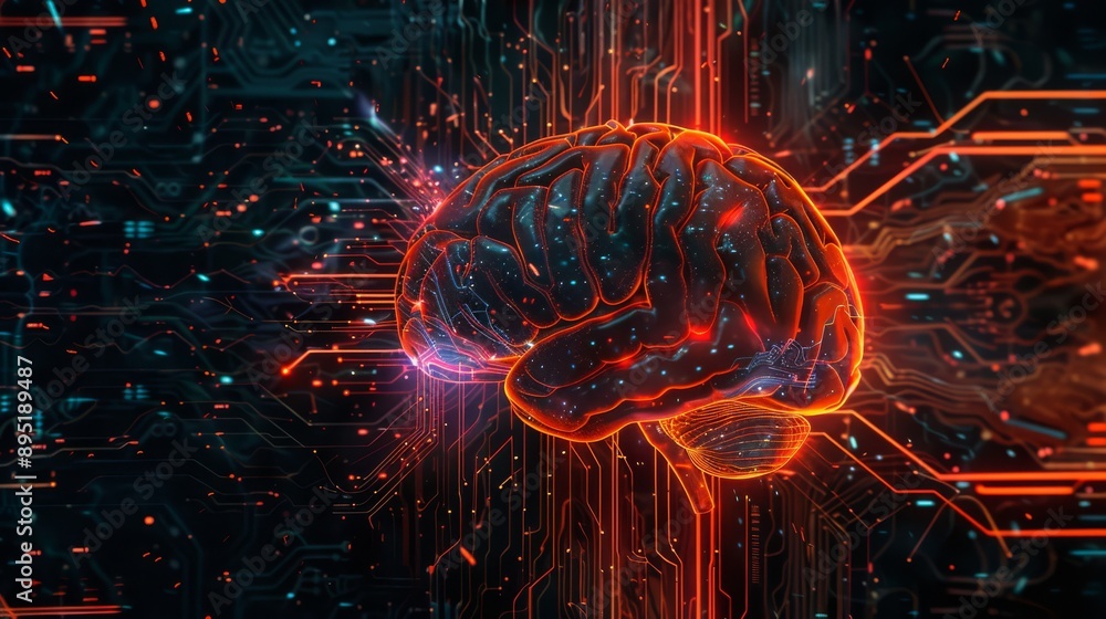 Poster the digital artwork depicting an ai brain with neural network conveys a vision of advanced innovatio