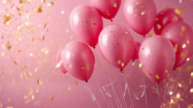 Pink festive birthday party animated video  background with balloons, shiny gold confetti, Party or birthday celebration copy space template, greeting card